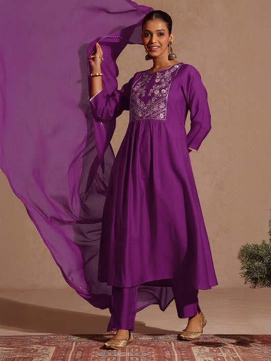 Janasya Women's Purple Silk Blend Yoke Embroidered A-line Kurta Set