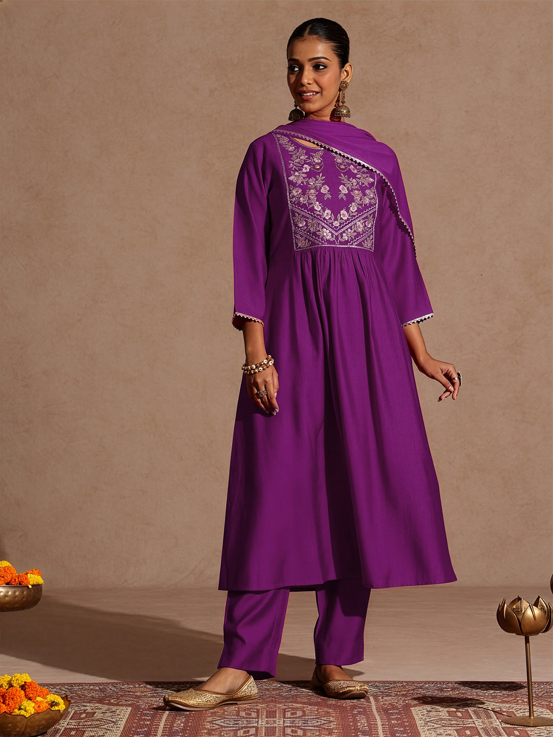 Janasya Women's Purple Silk Blend Yoke Embroidered A-line Kurta Set