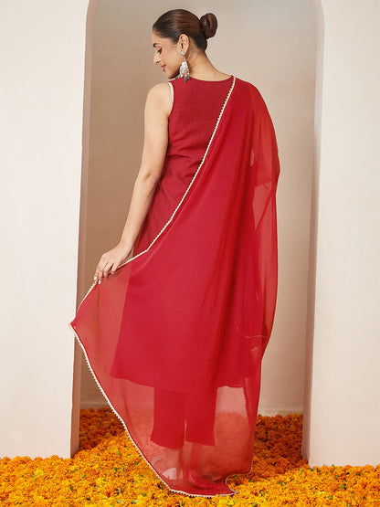 Janasya Women's Red Silk Blend Embroidered A-line Kurta Set