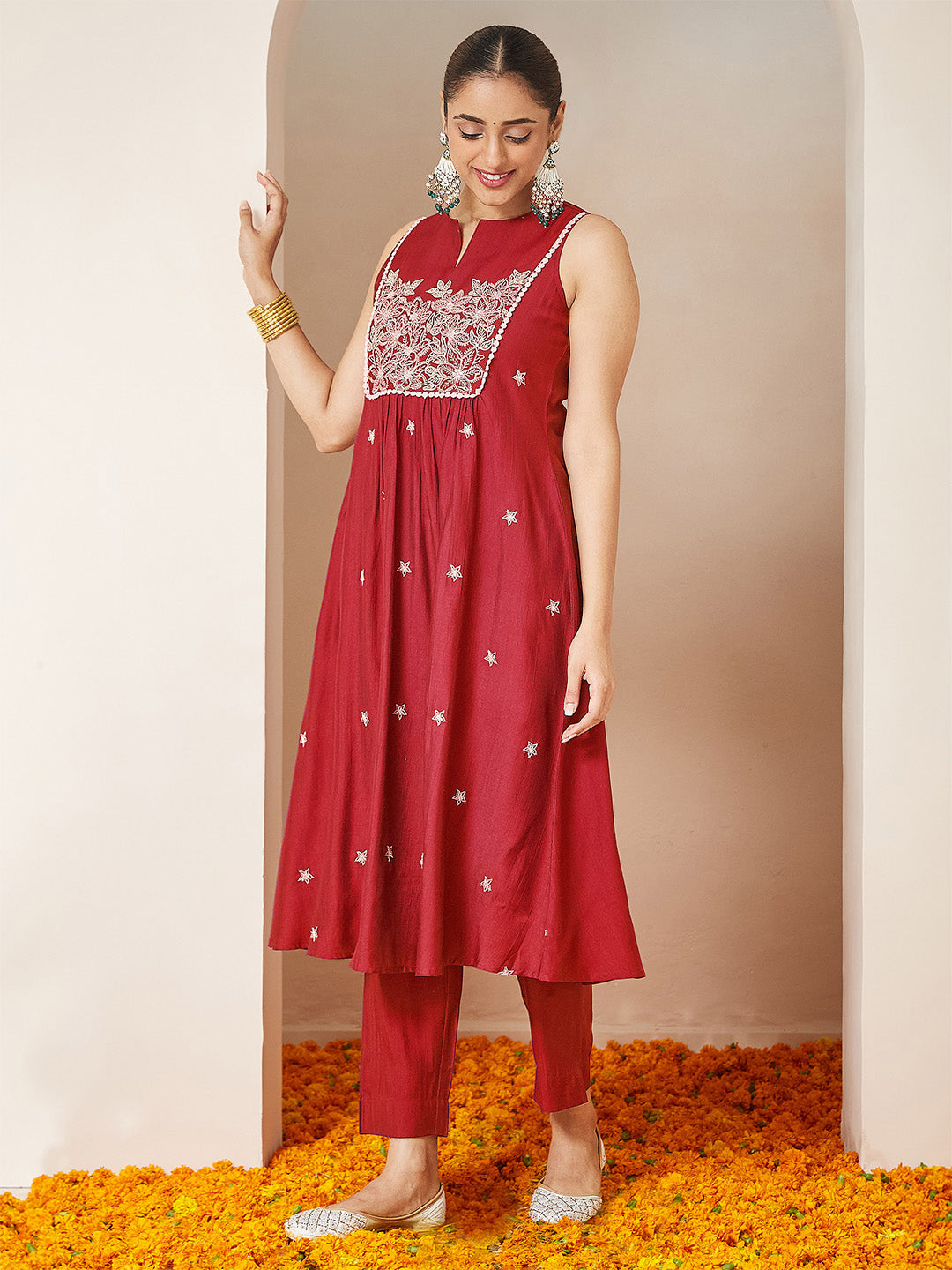 Janasya Women's Red Silk Blend Embroidered A-line Kurta Set