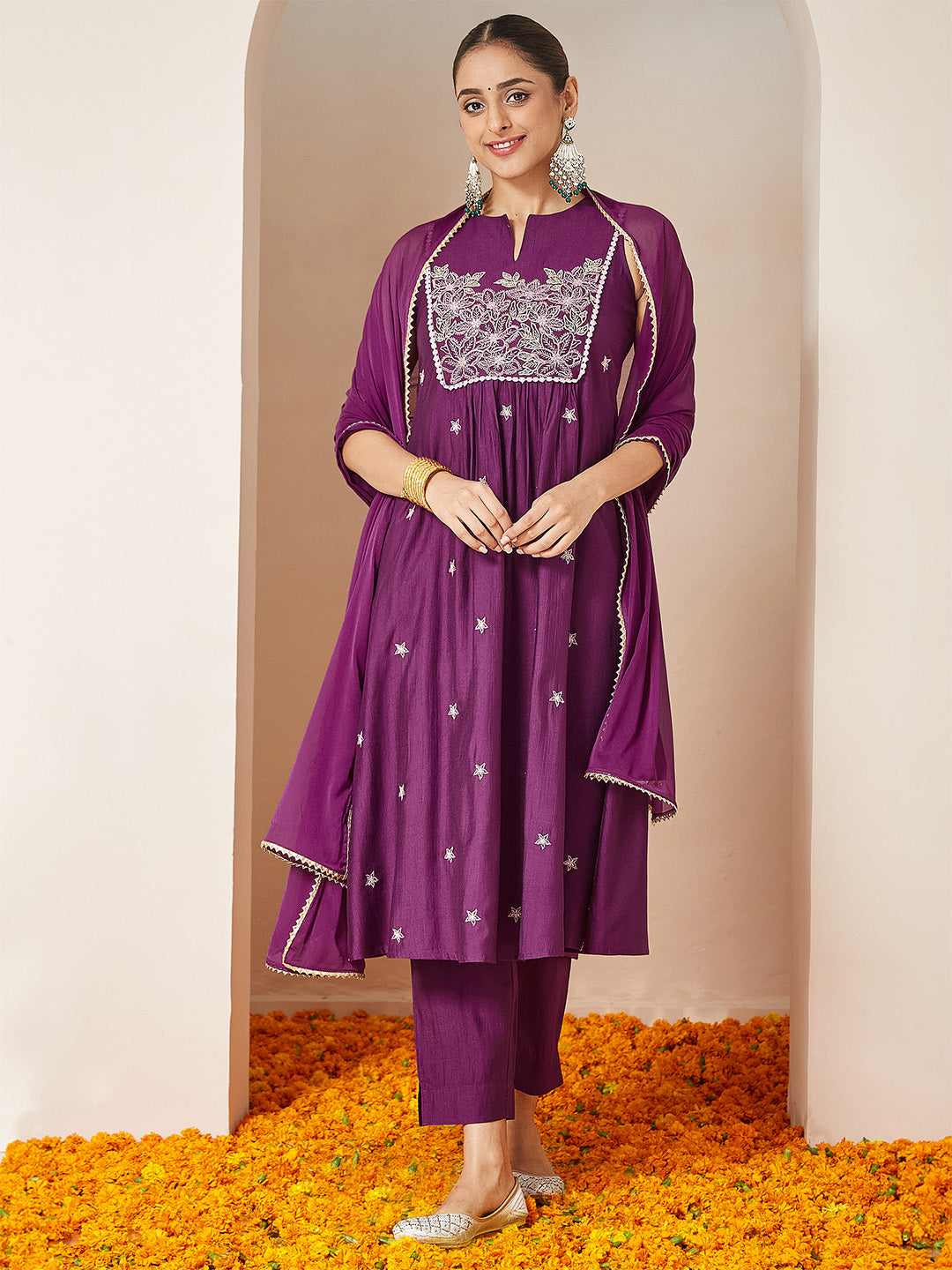 Janasya Women's Purple Silk Blend Embroidered Straight Kurta Set