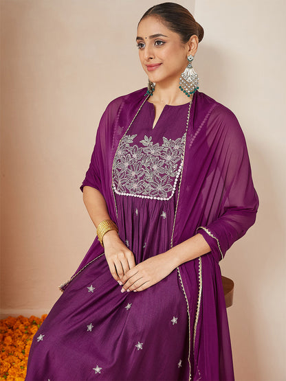 Janasya Women's Purple Silk Blend Embroidered Straight Kurta Set