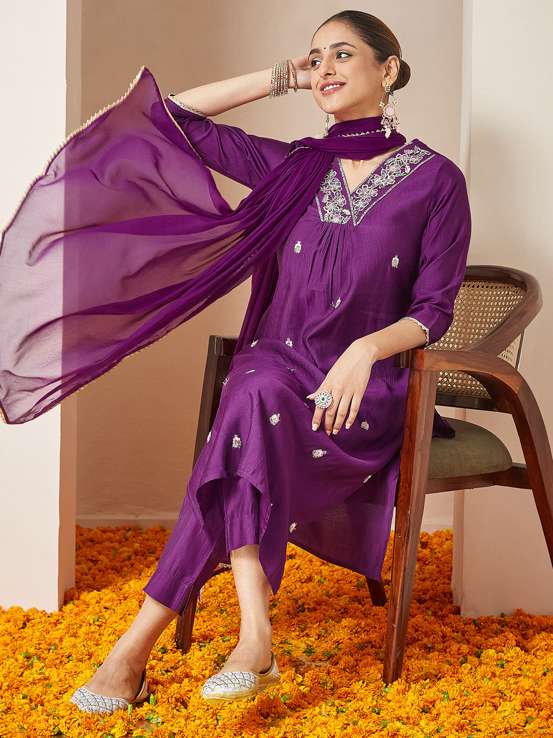 Janasya Women's Purple Silk Blend Embroidered A-line Kurta Set