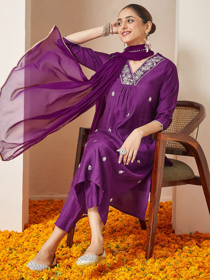 Janasya Women's Purple Silk Blend Embroidered A-line Kurta Set