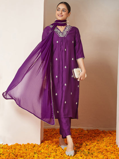 Janasya Women's Purple Silk Blend Embroidered A-line Kurta Set