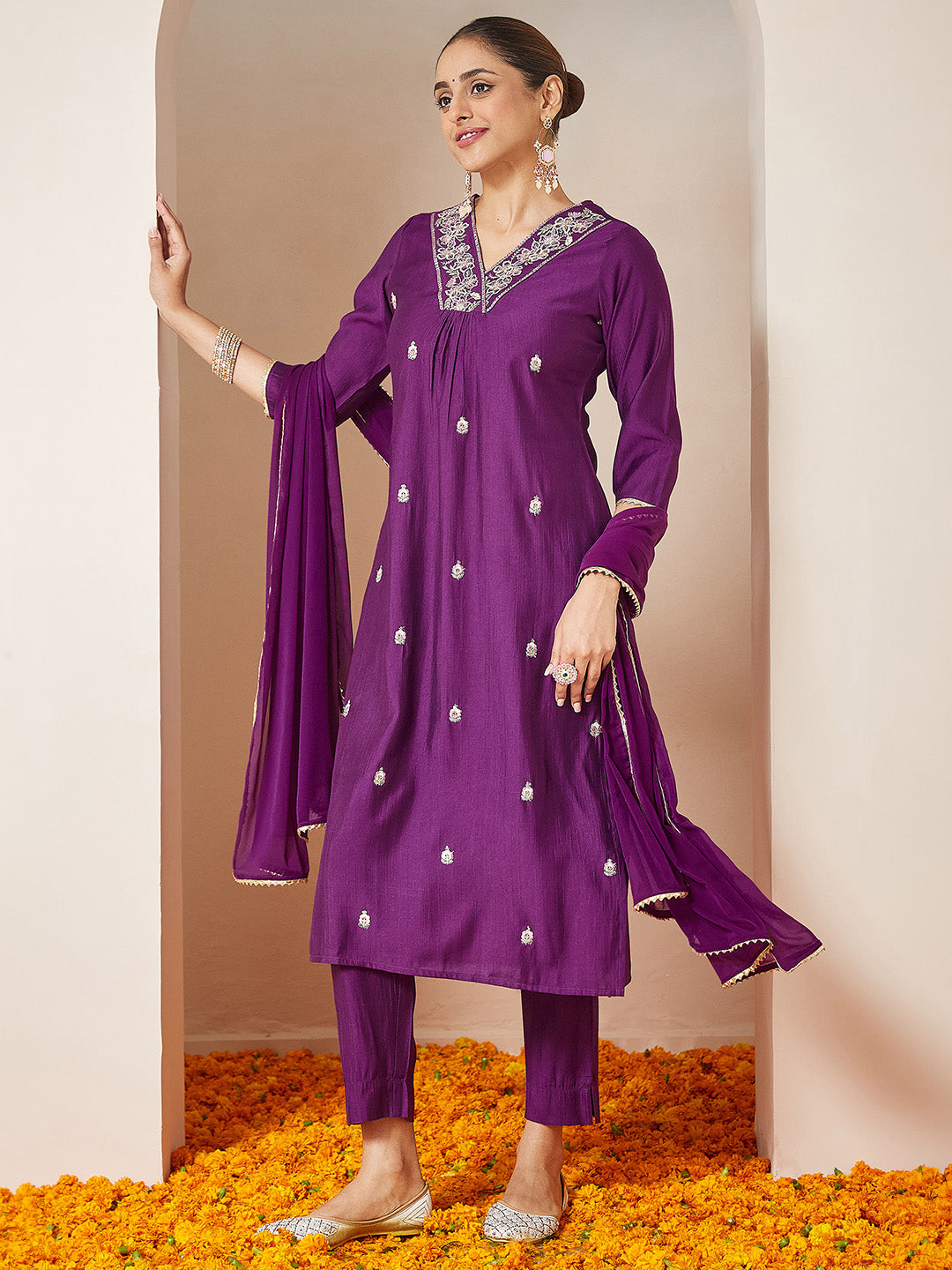 Janasya Women's Purple Silk Blend Embroidered A-line Kurta Set