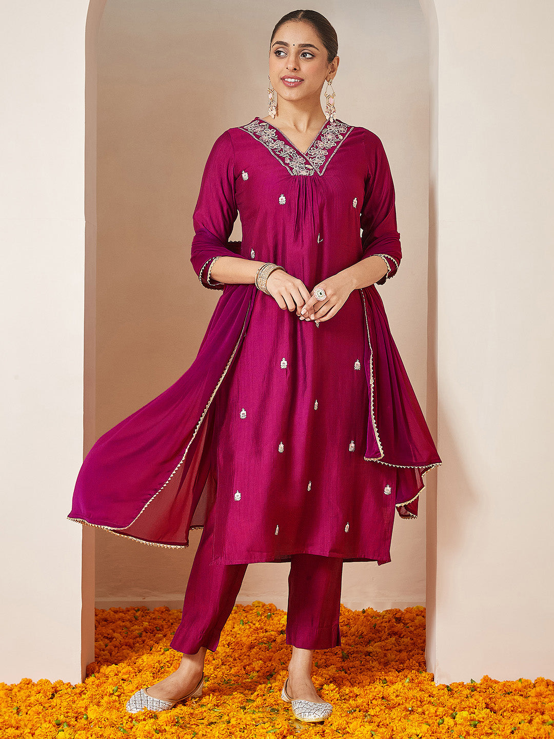Janasya Women's Pink Silk Blend Embroidered A-line Kurta Set