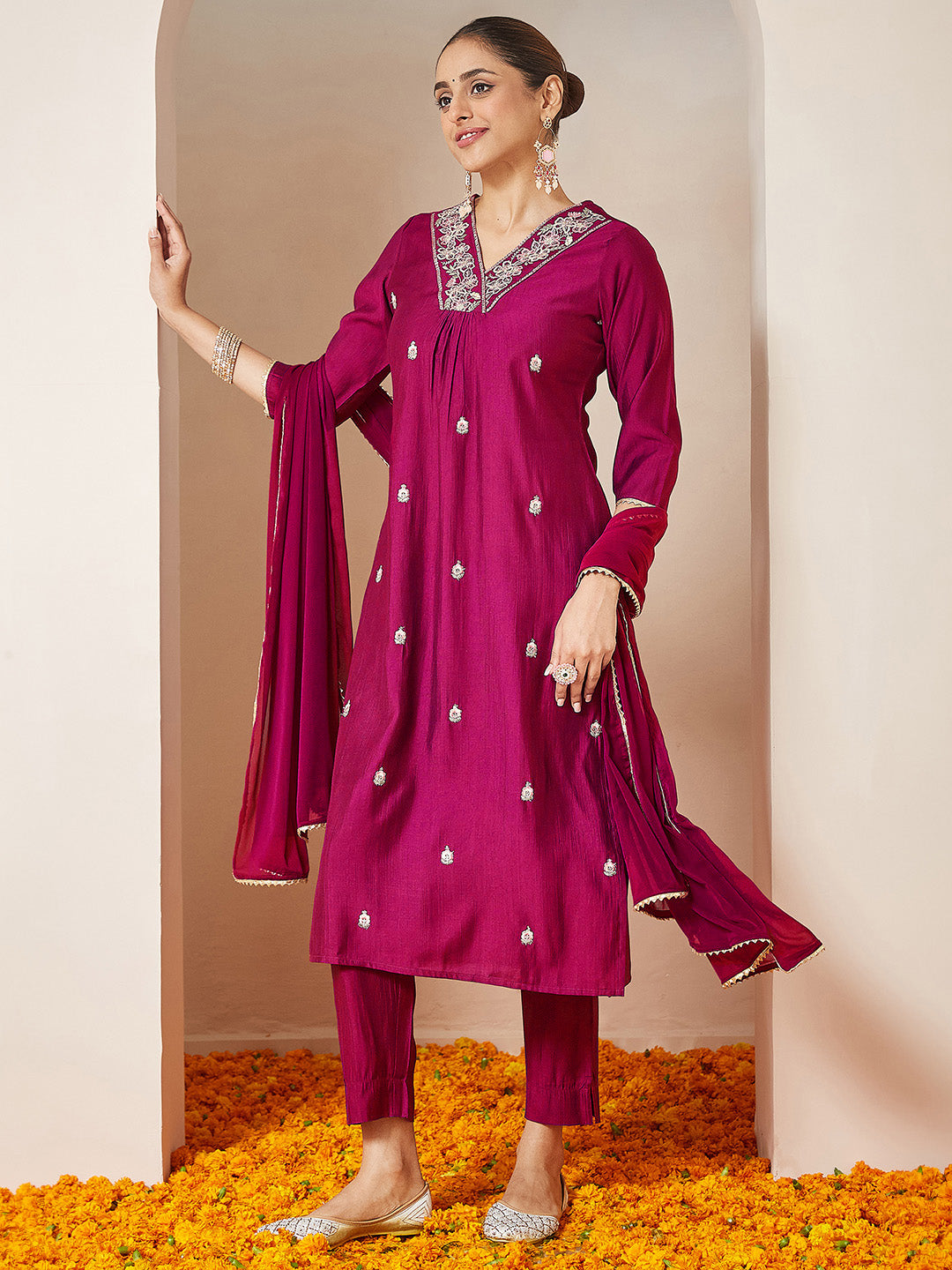 Janasya Women's Pink Silk Blend Embroidered A-line Kurta Set