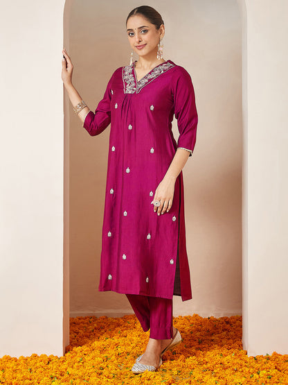 Janasya Women's Pink Silk Blend Embroidered A-line Kurta Set