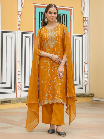 Janasya Women's Mustard Silk Blend Zari Embroidered Straight Kurta Set