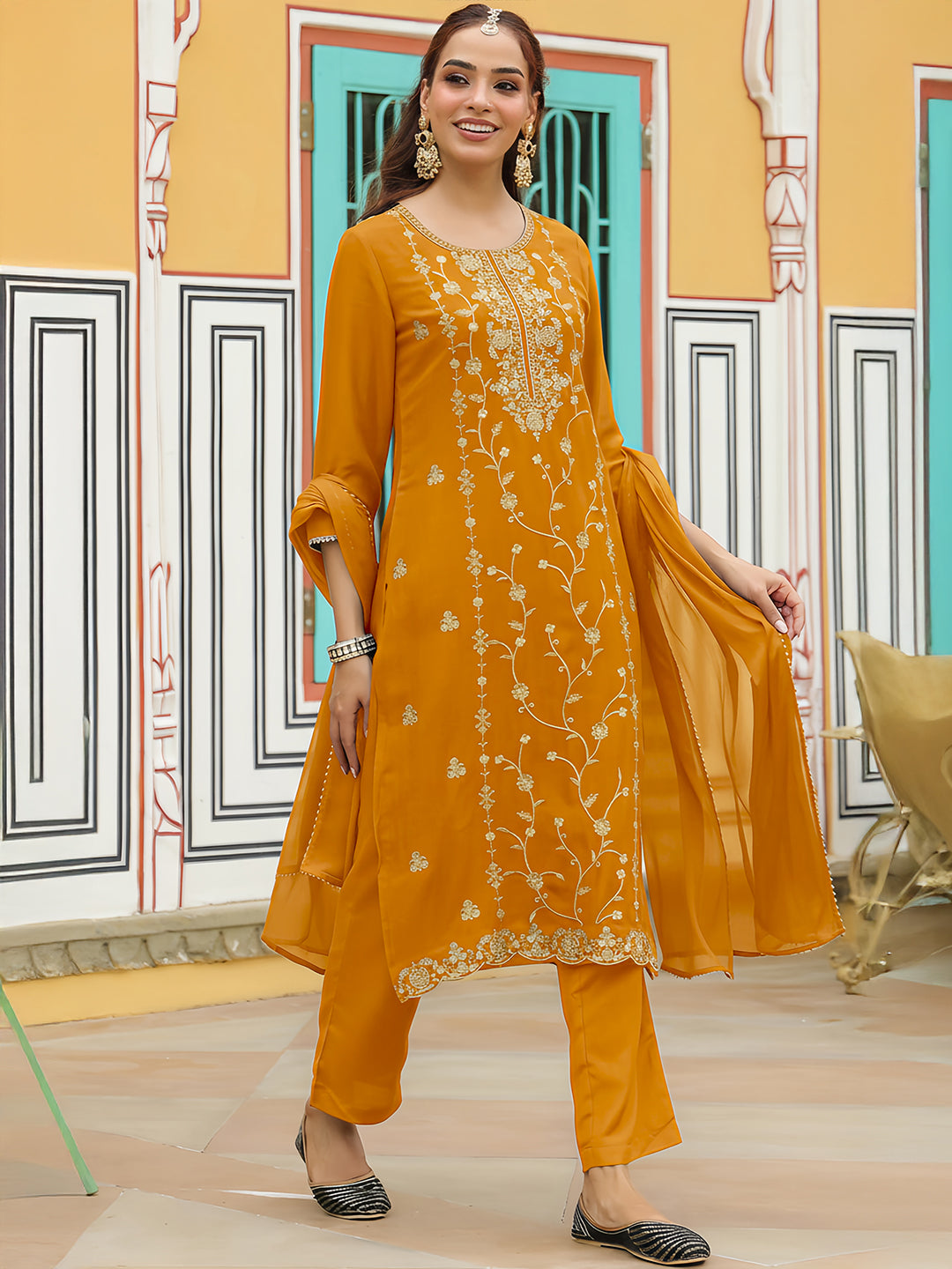 Janasya Women's Mustard Silk Blend Zari Embroidered Straight Kurta Set
