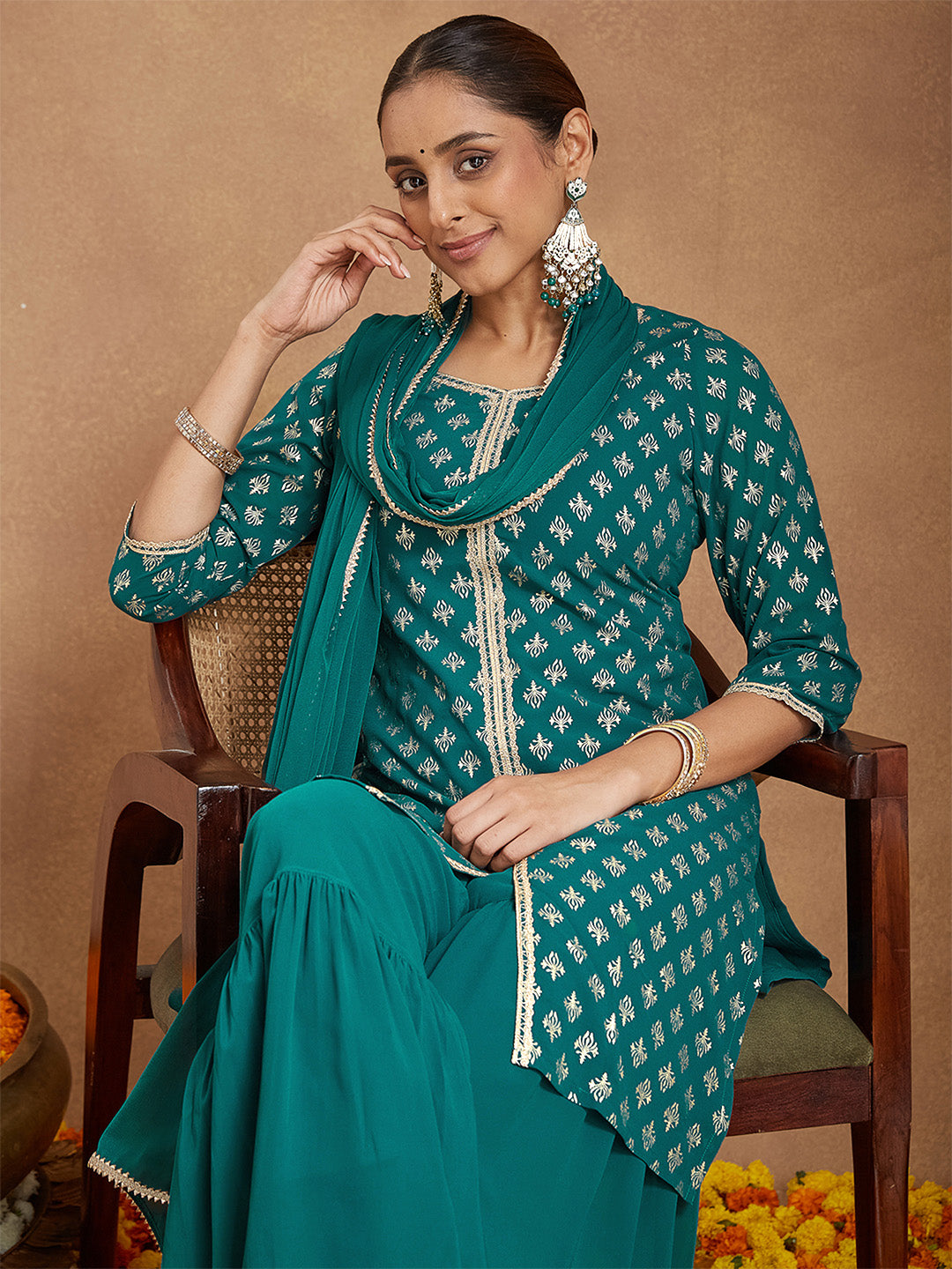 Janasya Women's Teal Green Georgette Embellished Foil Printed Straight Kurta With Sharara & Dupatta