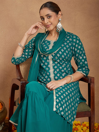 Janasya Women's Teal Green Georgette Embellished Foil Printed Straight Kurta With Sharara & Dupatta
