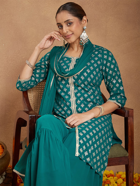 Janasya Women's Teal Green Georgette Embellished Foil Printed Straight Kurta With Sharara & Dupatta