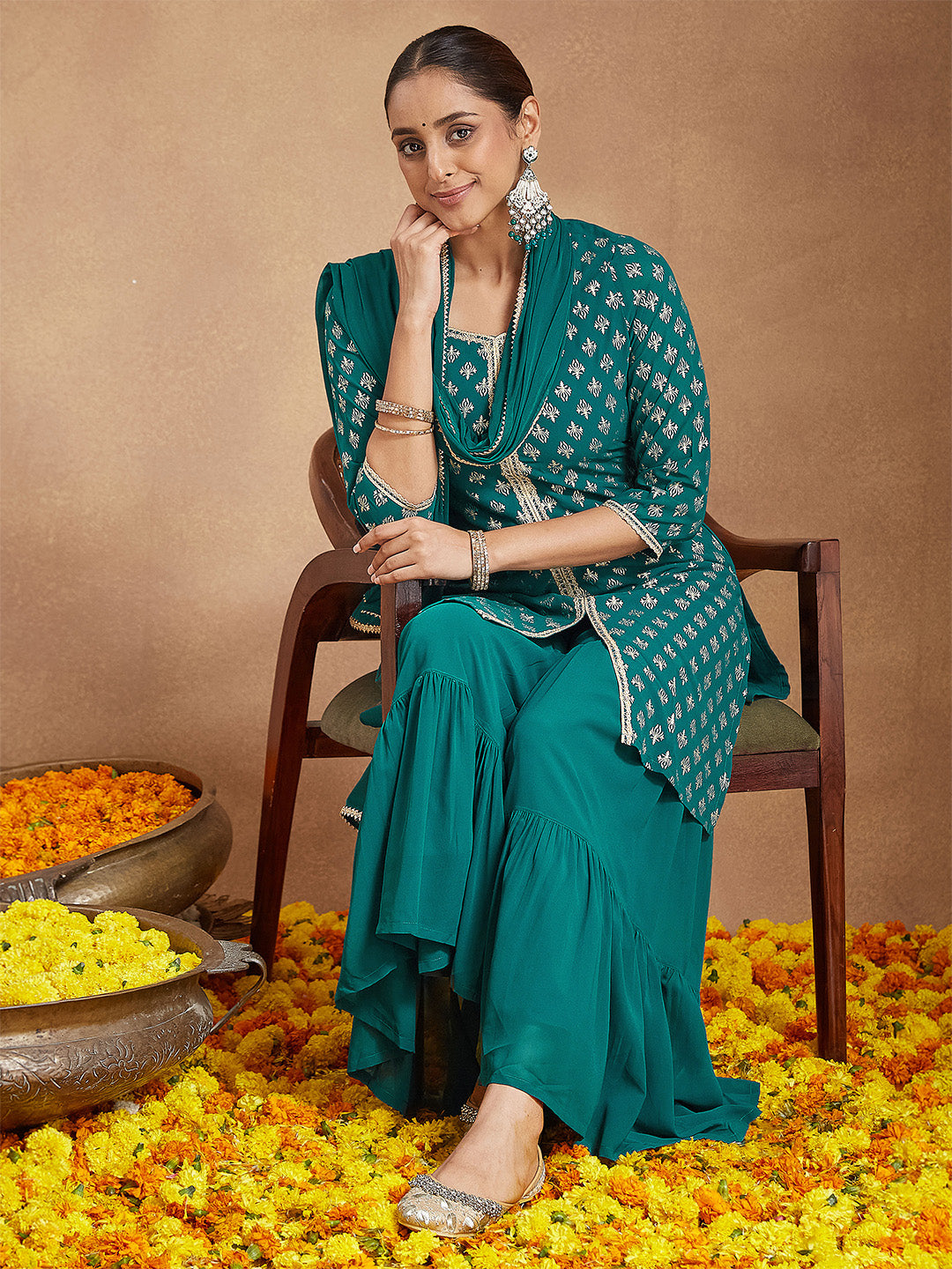 Janasya Women's Teal Green Georgette Embellished Foil Printed Straight Kurta With Sharara & Dupatta