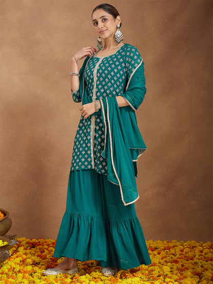 Janasya Women's Teal Green Georgette Embellished Foil Printed Straight Kurta With Sharara & Dupatta
