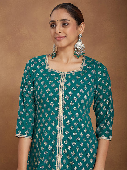 Janasya Women's Teal Green Georgette Embellished Foil Printed Straight Kurta With Sharara & Dupatta
