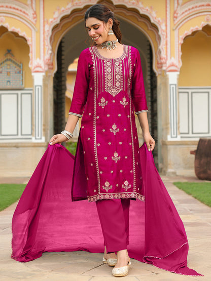Janasya Women's Pink Silk Blend Zari Embroidered Straight Kurta Set
