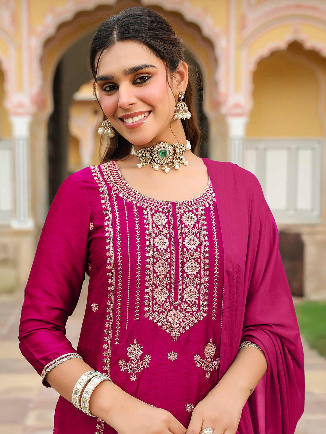 Janasya Women's Pink Silk Blend Zari Embroidered Straight Kurta Set