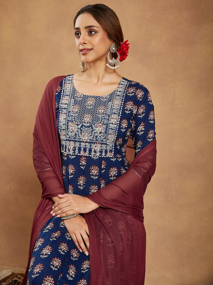 Janasya Women's Navy Blue Pure Cotton Yoke Embroidered Floral Printed Anarkali Kurta Set