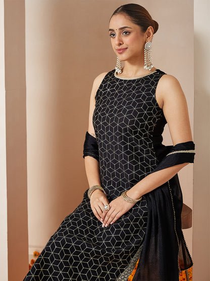 Janasya Women's Black Chanderi Silk Embellished Gold Printed Straight Kurta Set