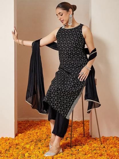 Janasya Women's Black Chanderi Silk Embellished Gold Printed Straight Kurta Set