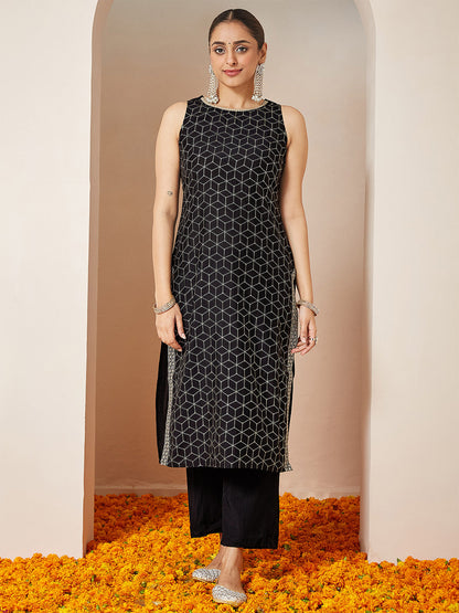 Janasya Women's Black Chanderi Silk Embellished Gold Printed Straight Kurta Set