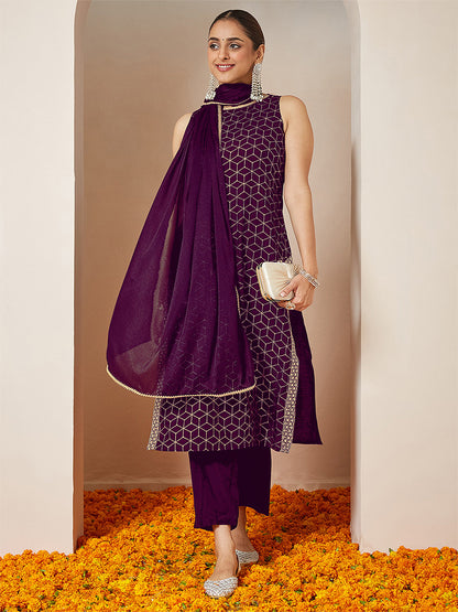 Janasya Women's Purple Chanderi Silk Embellished Gold Printed Straight Kurta Set