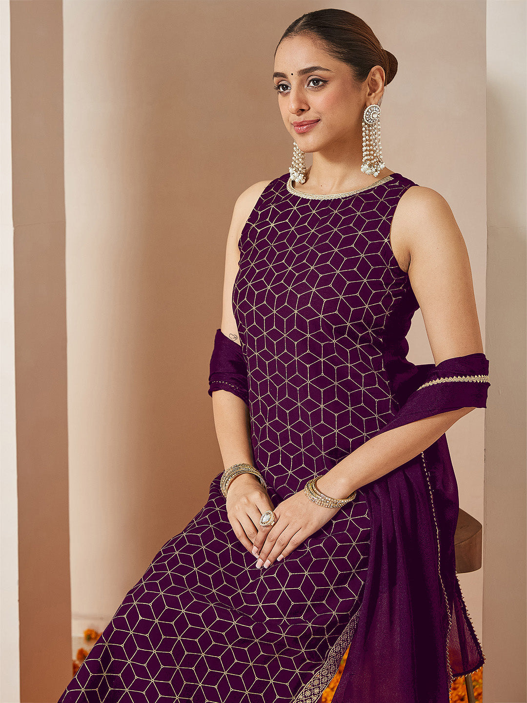 Janasya Women's Purple Chanderi Silk Embellished Gold Printed Straight Kurta Set