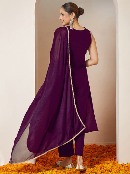 Janasya Women's Purple Chanderi Silk Embellished Gold Printed Straight Kurta Set