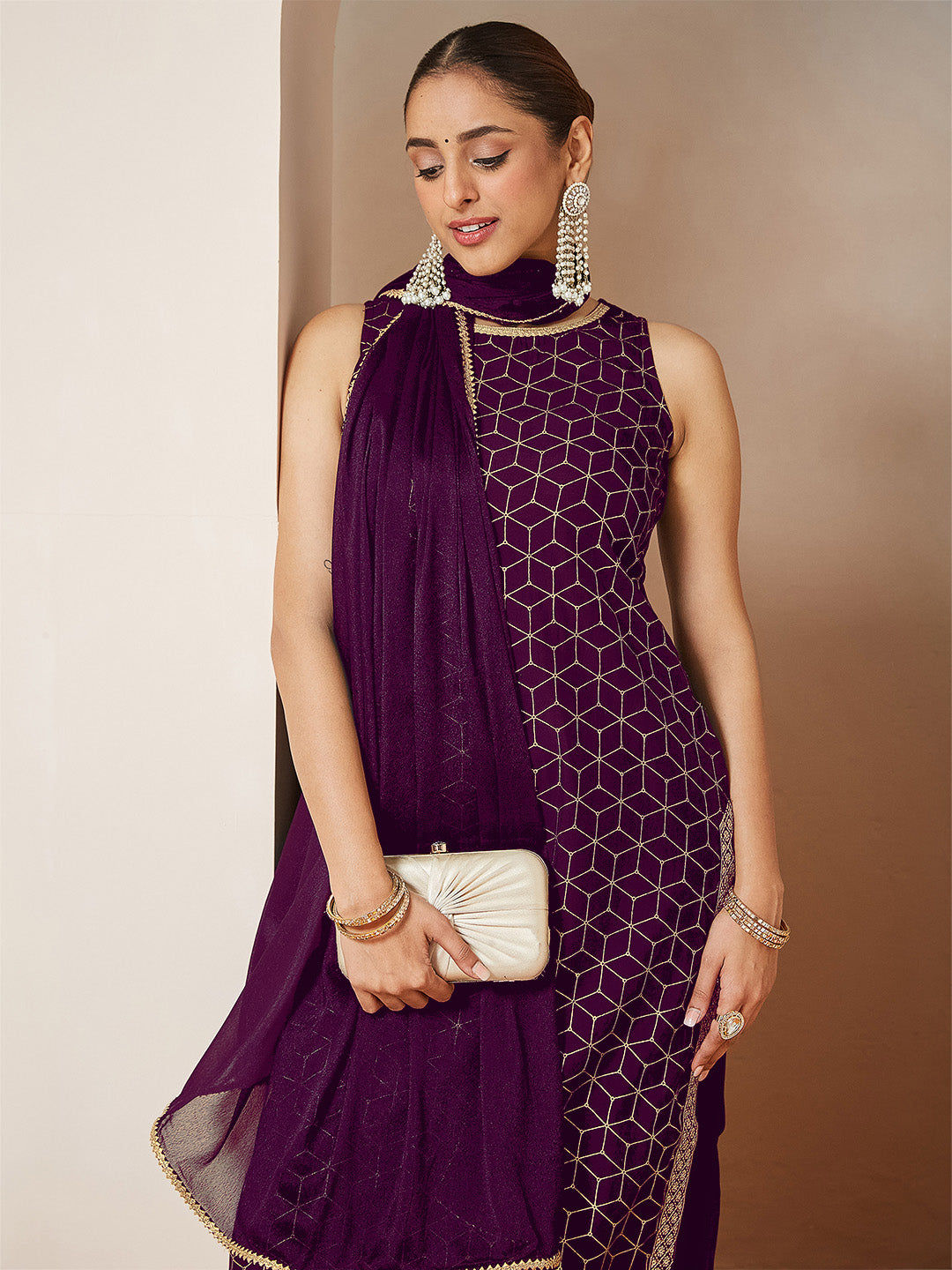 Janasya Women's Purple Chanderi Silk Embellished Gold Printed Straight Kurta Set