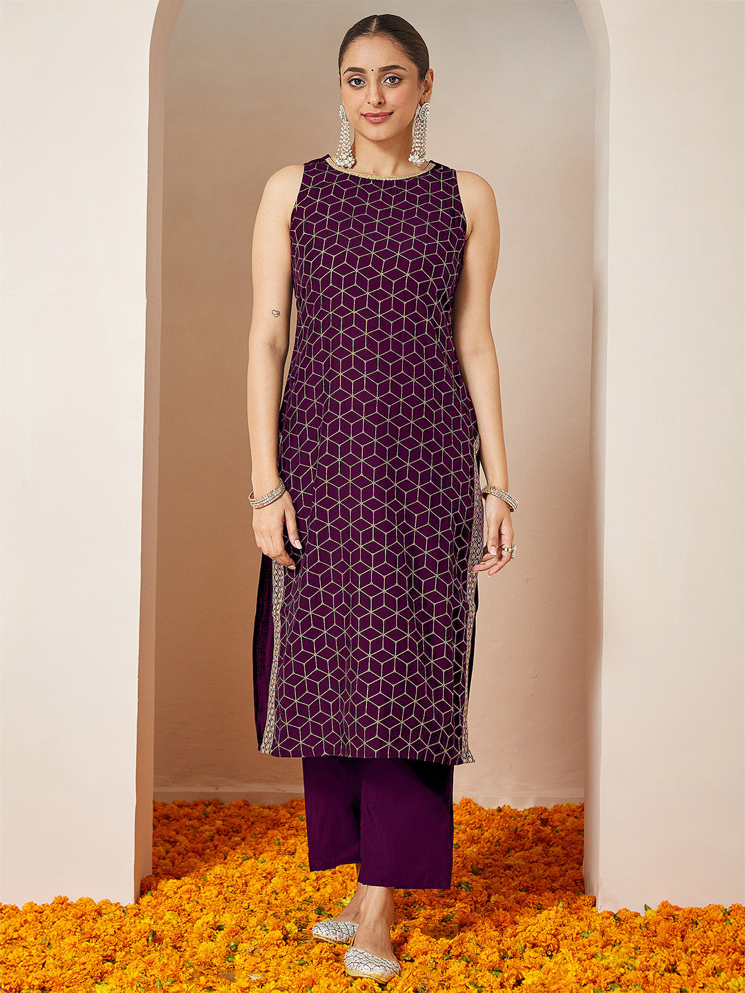 Janasya Women's Purple Chanderi Silk Embellished Gold Printed Straight Kurta Set