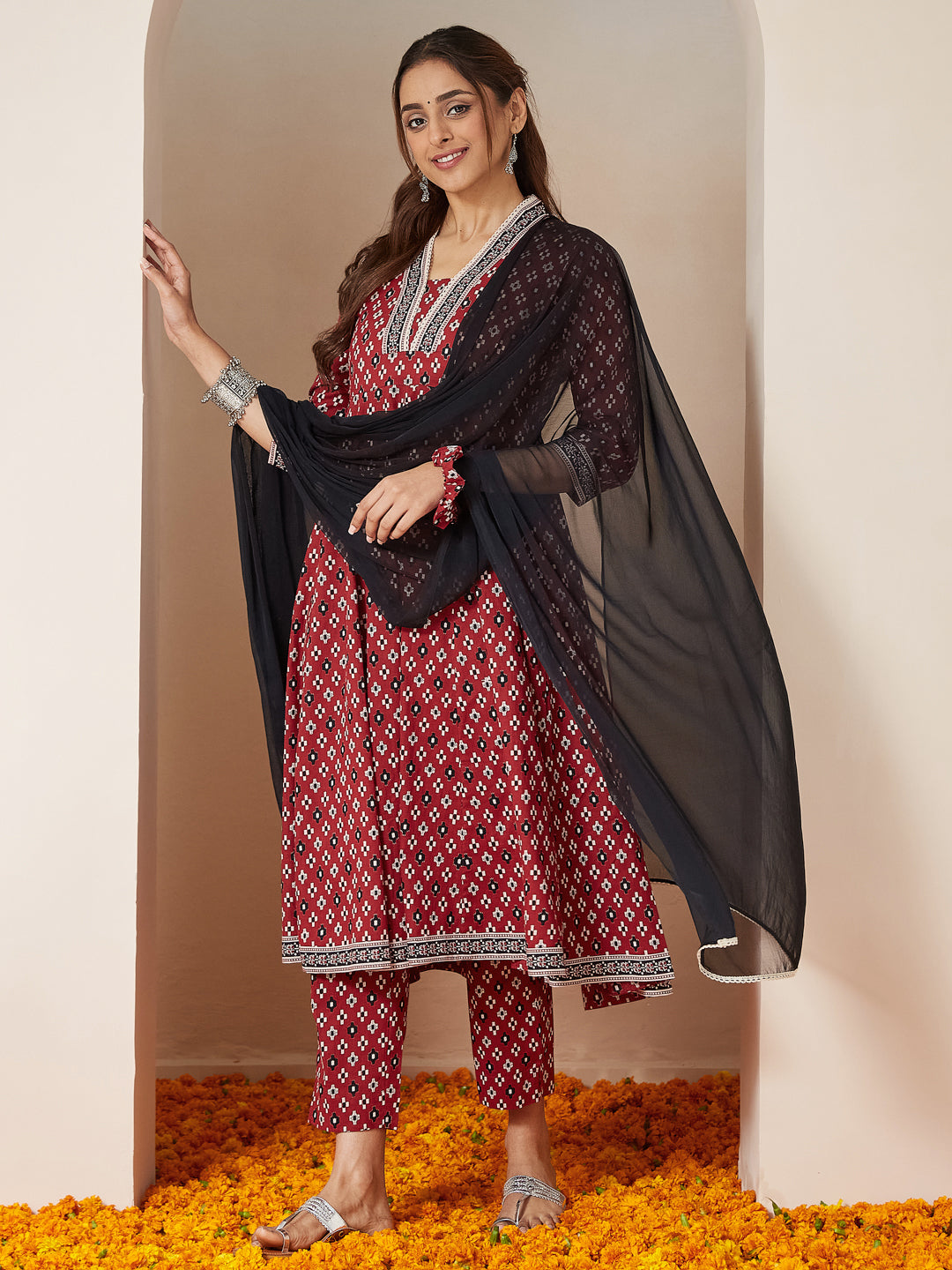 Janasya Women's Maroon Pure Cotton Ikkat Printed Anarkali Kurta Set