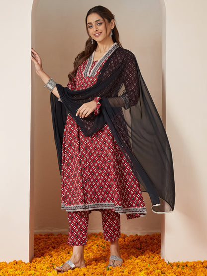 Janasya Women's Maroon Pure Cotton Ikkat Printed Anarkali Kurta Set