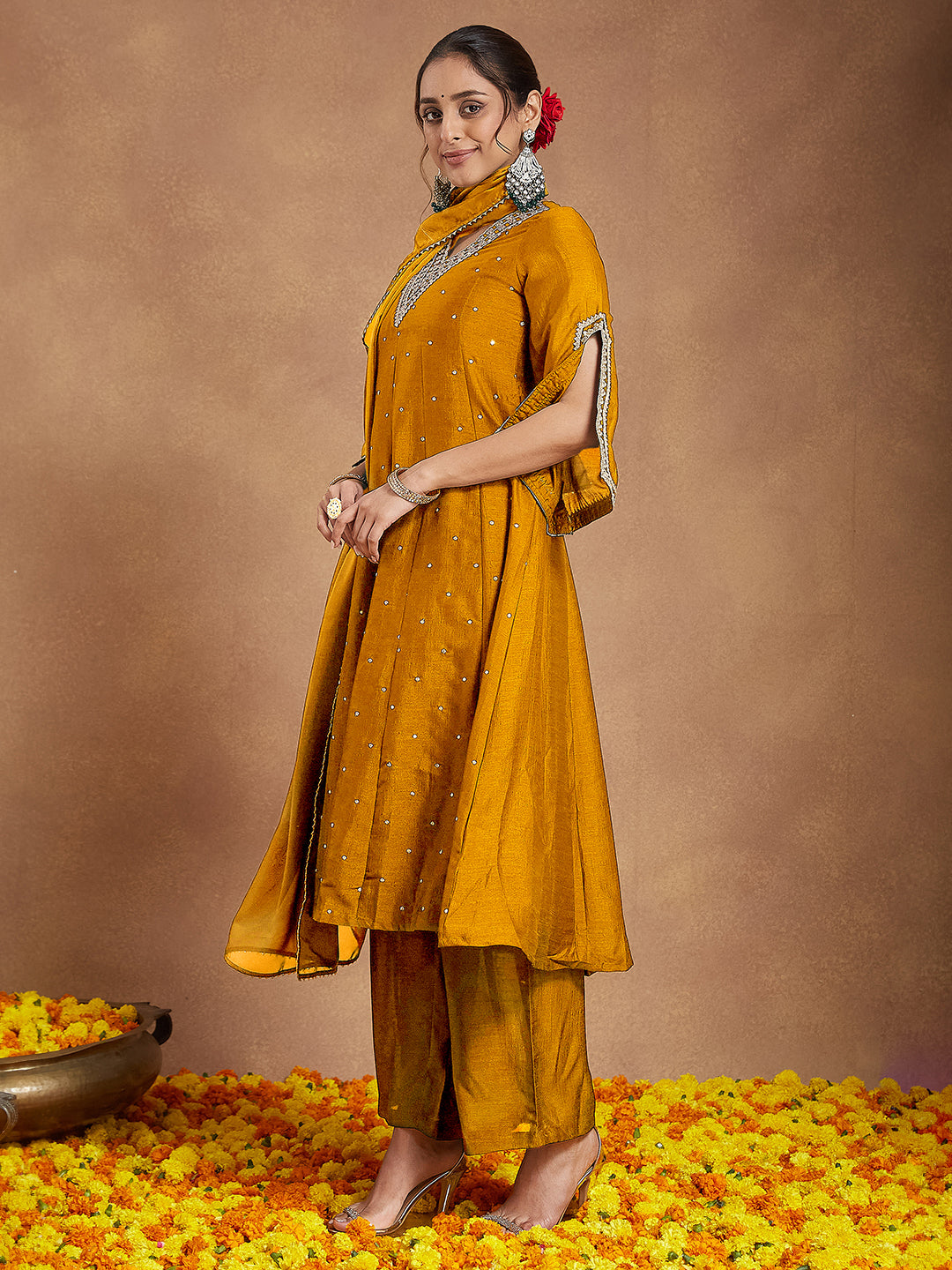 Janasya Women's Mustard Silk Blend Zari Embroidered Anarkali Kurta With Palazzo & Dupatta Set