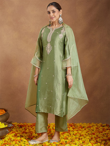 Janasya Women's Sage Green Silk Blend Zari Embroidered Straight Kurta Set