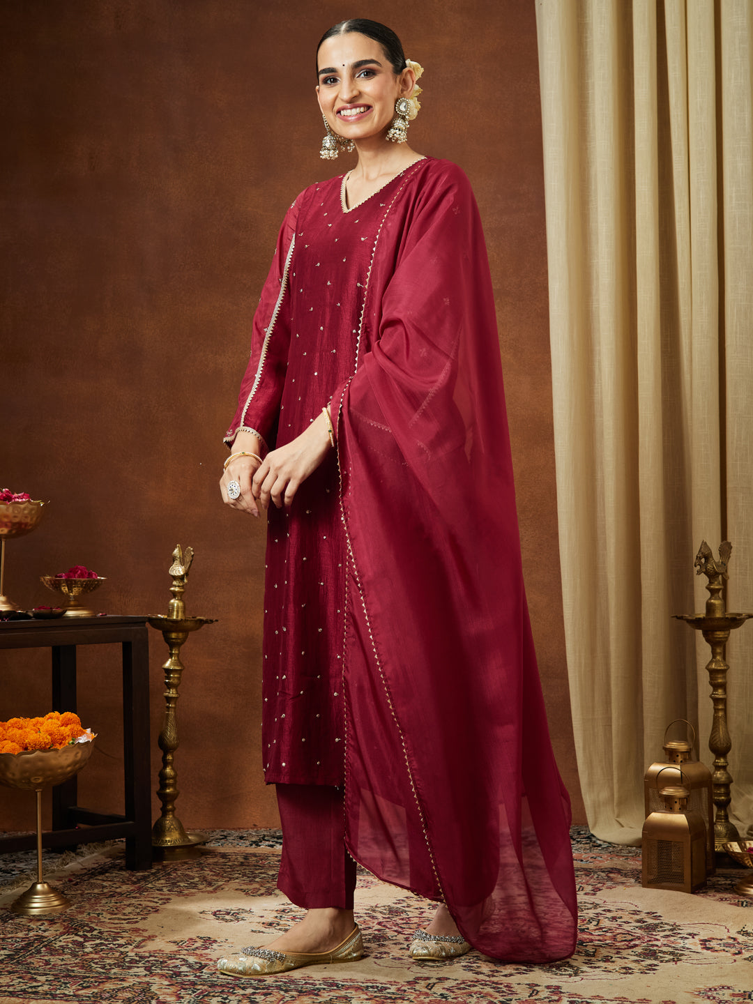 Janasya Women's Maroon Silk Blend Embellished Straight Kurta Set