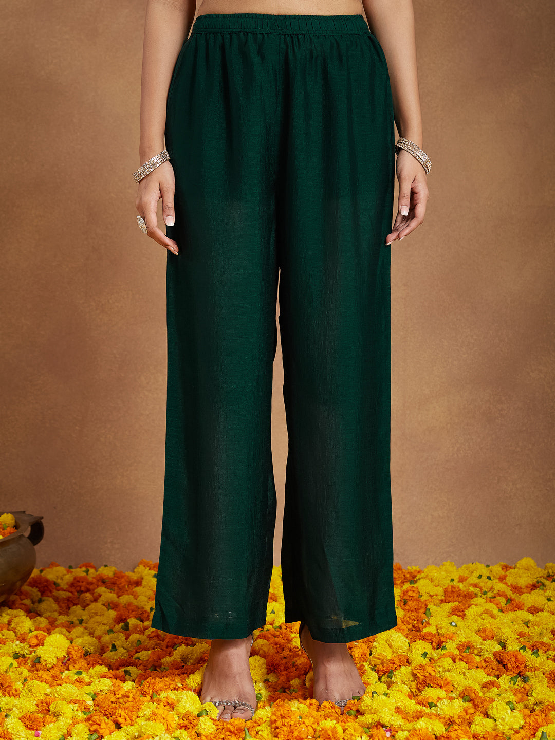 Janasya Women's Green Silk Blend Zari Embroidered Anarkali Kurta With Palazzo & Dupatta Set