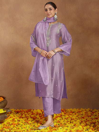 Janasya Women's Lavender Silk Blend Zari Embroidered Straight Kurta Set
