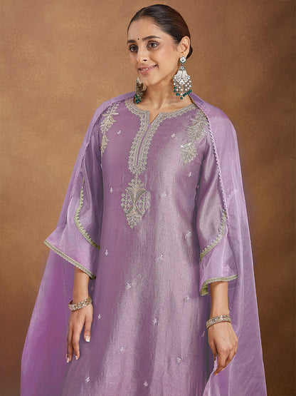 Janasya Women's Lavender Silk Blend Zari Embroidered Straight Kurta Set
