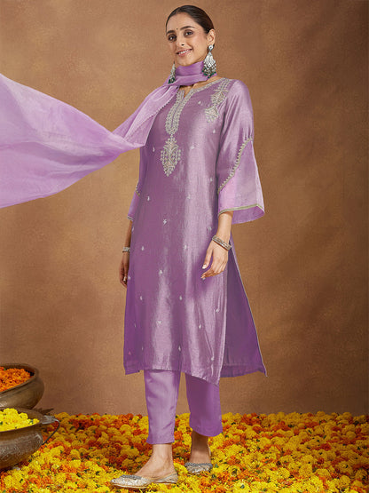Janasya Women's Lavender Silk Blend Zari Embroidered Straight Kurta Set