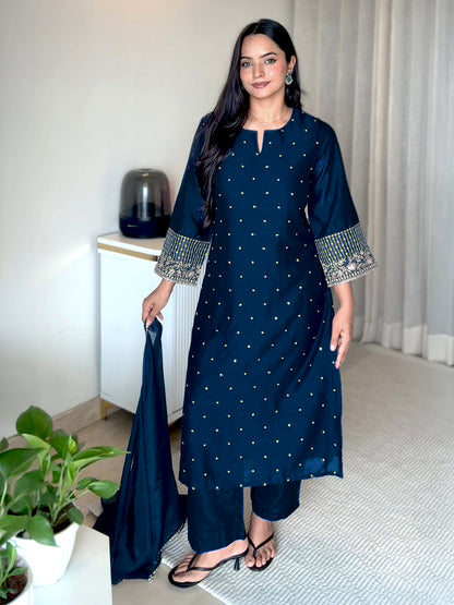 Janasya Women's Teal Blue Silk Blend Embellished Straight Kurta Set