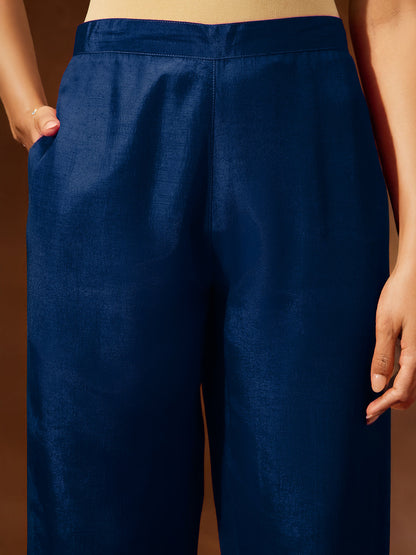 Janasya Women's Teal Blue Silk Blend Embellished Straight Kurta Set