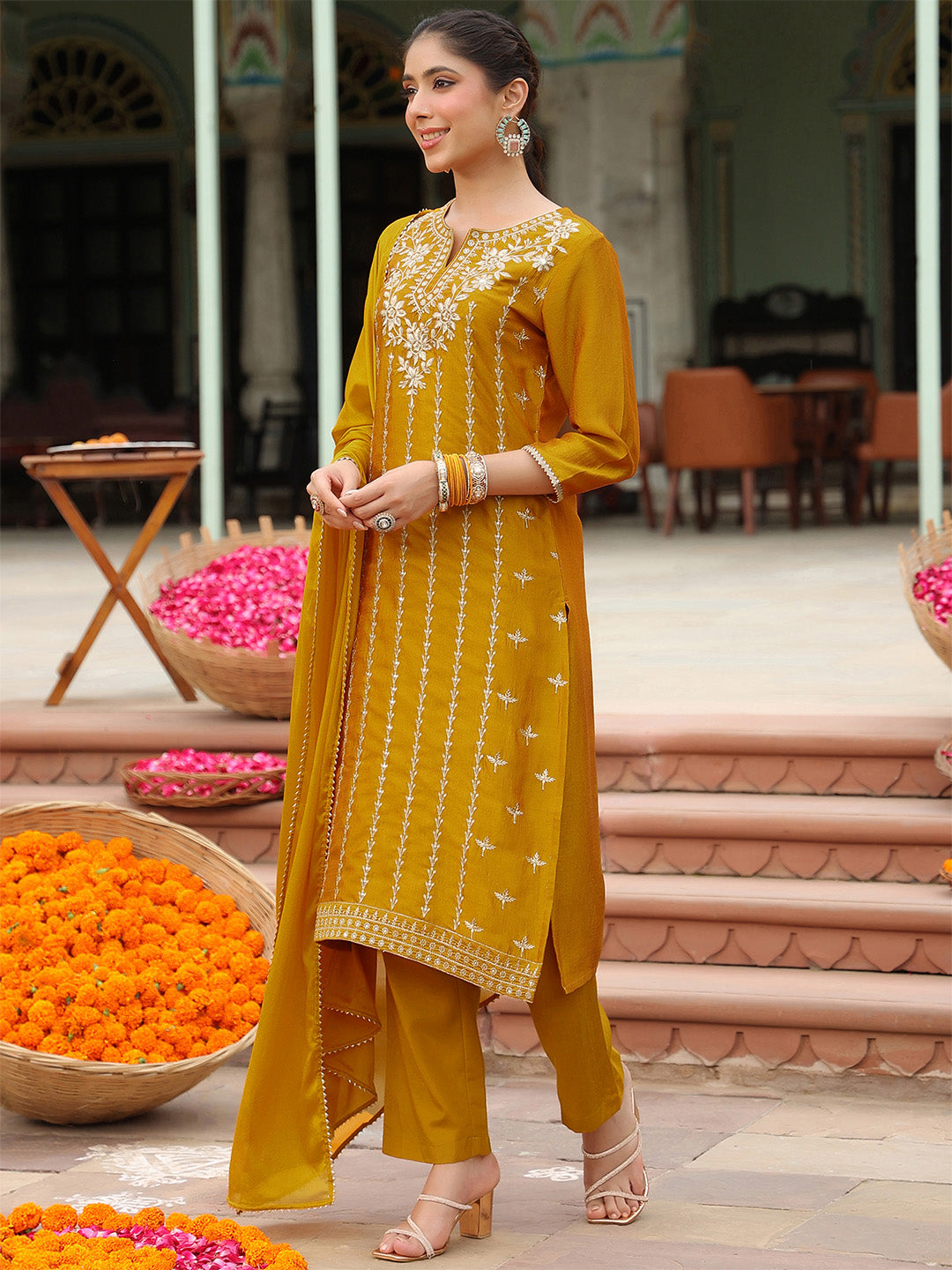 Janasya Women's Mustard Silk Blend Embroidered Straight Kurta Set