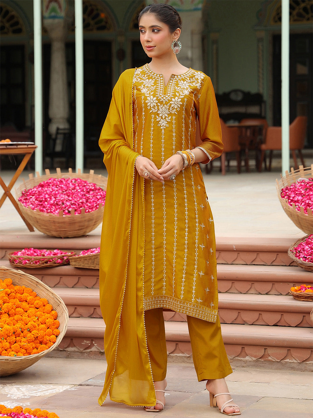 Janasya Women's Mustard Silk Blend Embroidered Straight Kurta Set