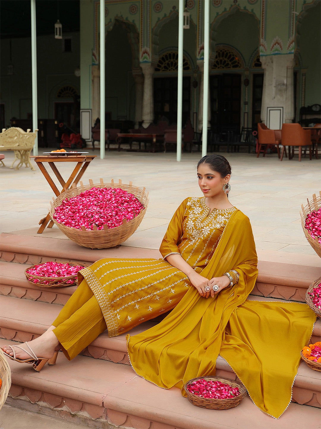 Janasya Women's Mustard Silk Blend Embroidered Straight Kurta Set