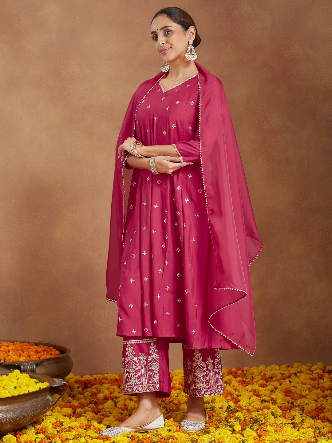 Janasya Women's Pink Chanderi Silk Embellished Zari Embroidered A-line Kurta Set
