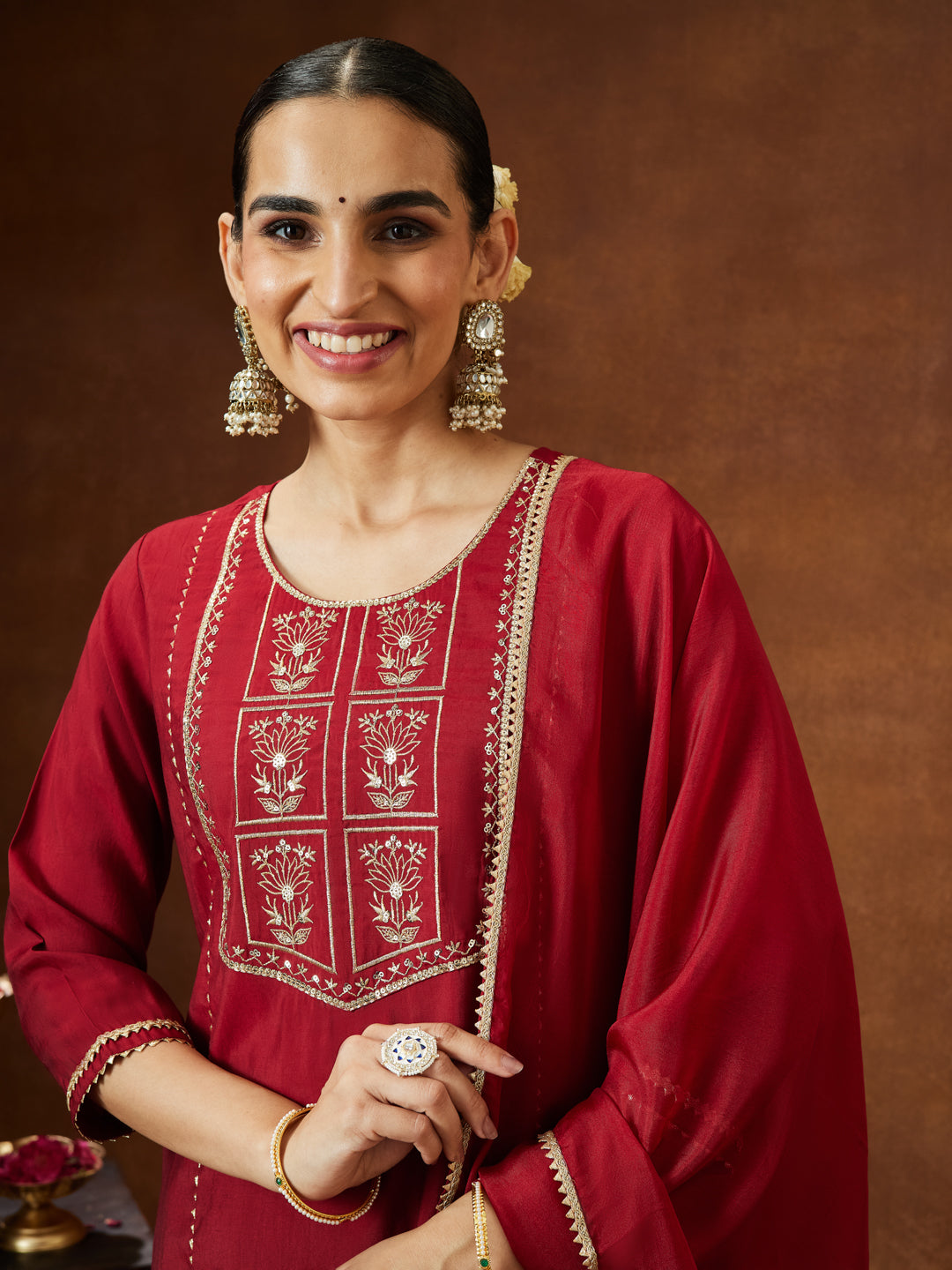 Janasya Women's Maroon Chanderi Silk Zari Embroidered Straight Kurta With Palazzo & Dupatta Set