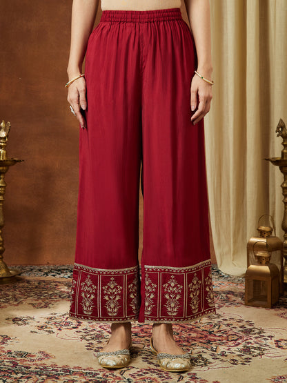 Janasya Women's Maroon Chanderi Silk Zari Embroidered Straight Kurta With Palazzo & Dupatta Set