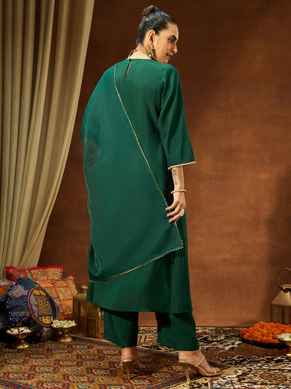 Janasya Women's Bottle Green Chanderi Silk Embroidered A-line Kurta Set